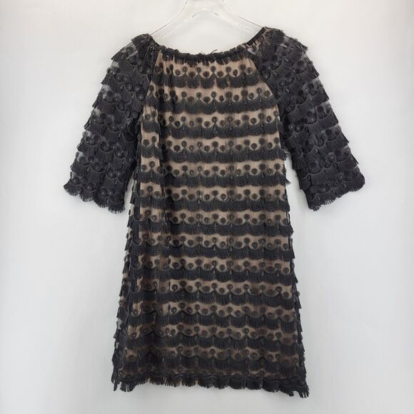 Trina Turk Mini Dress Size 2 Black Fringed Embroidered Lace Off Shoulder - Picture 5 of 11
